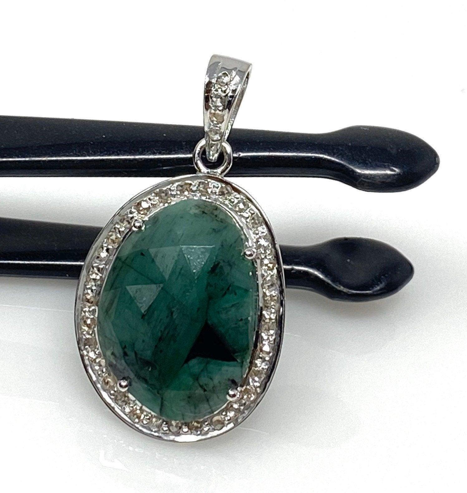 Emerald Diamond Pendant, Natural Emerald Sterling Silver Pendant, May - VirtuousWares:Global