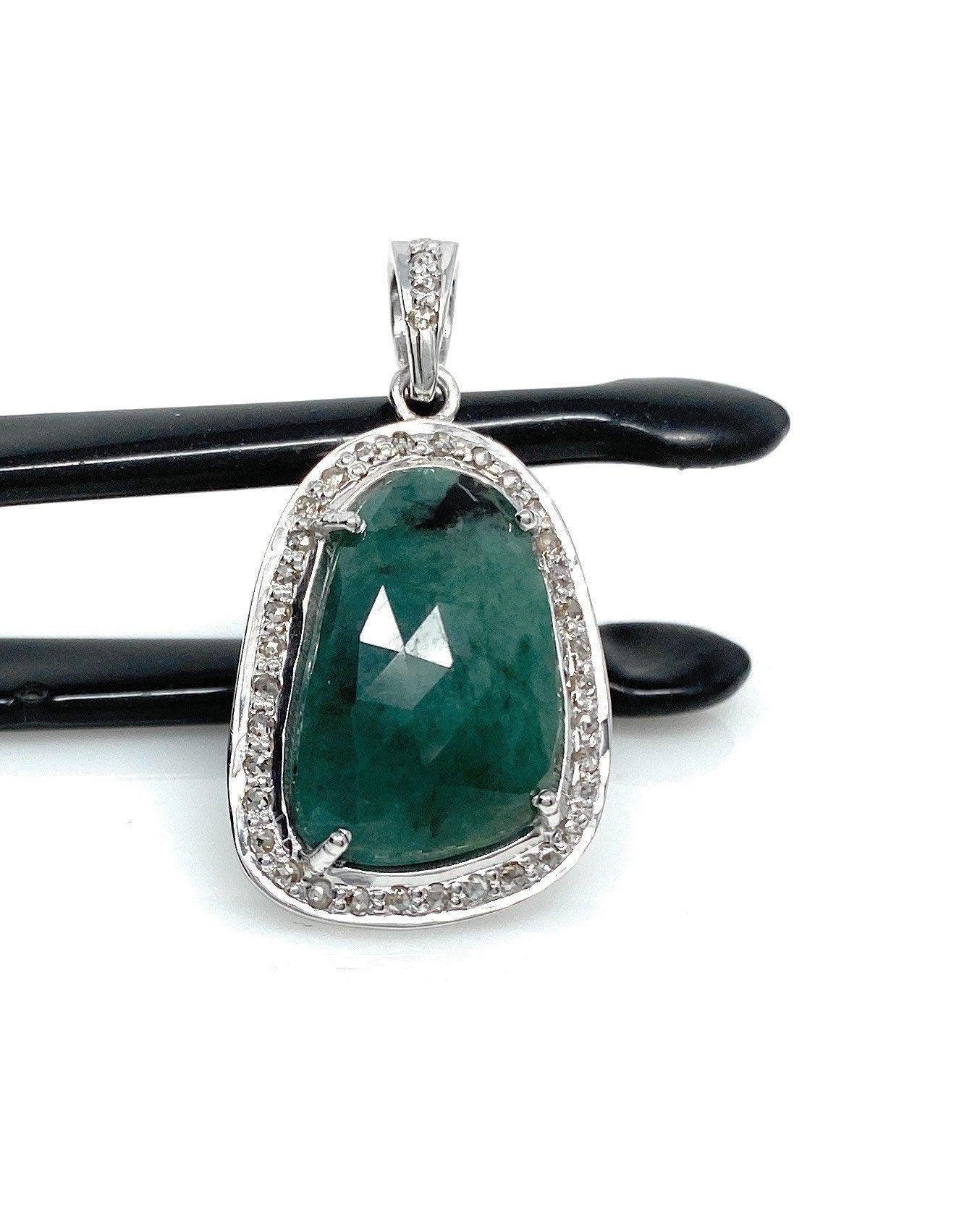 Emerald Diamond Pendant, Natural Emerald Sterling Silver Pendant, May - VirtuousWares:Global