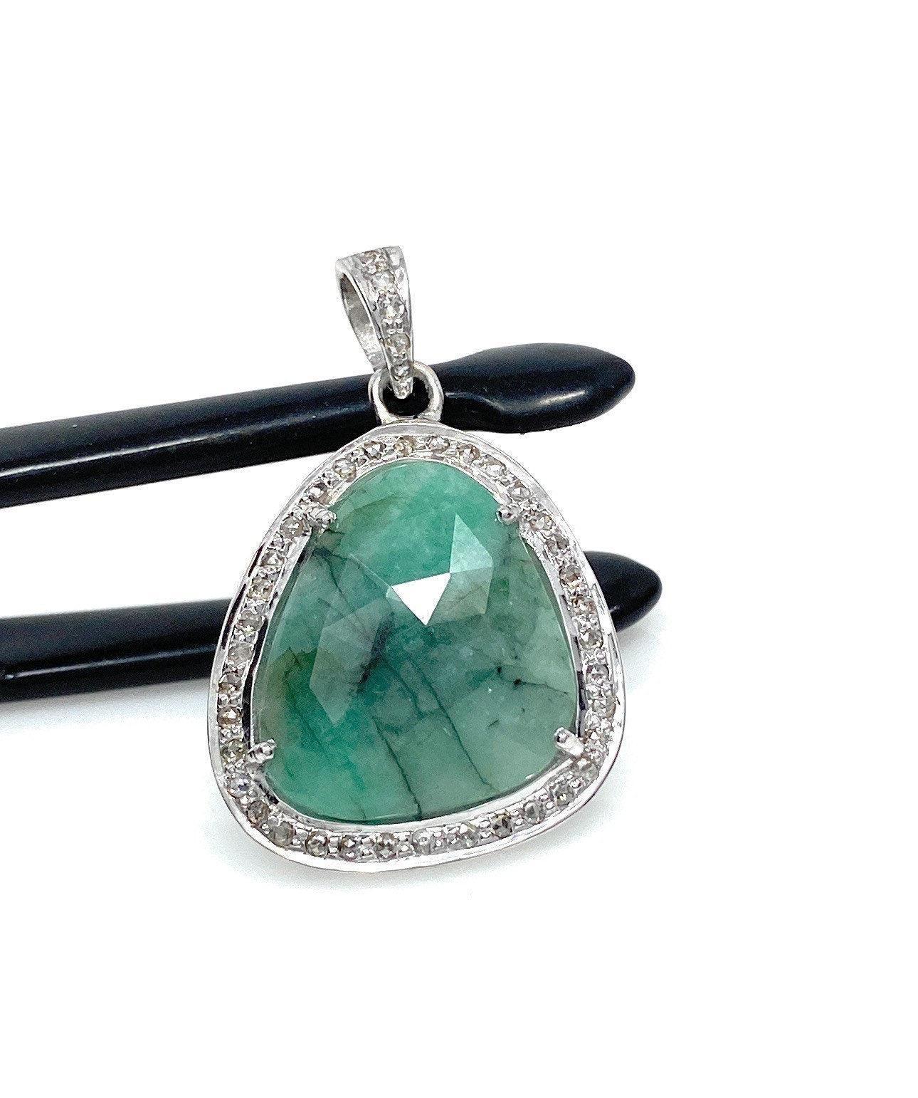 Emerald Diamond Pendant, Natural Emerald Sterling Silver Pendant, May - VirtuousWares:Global