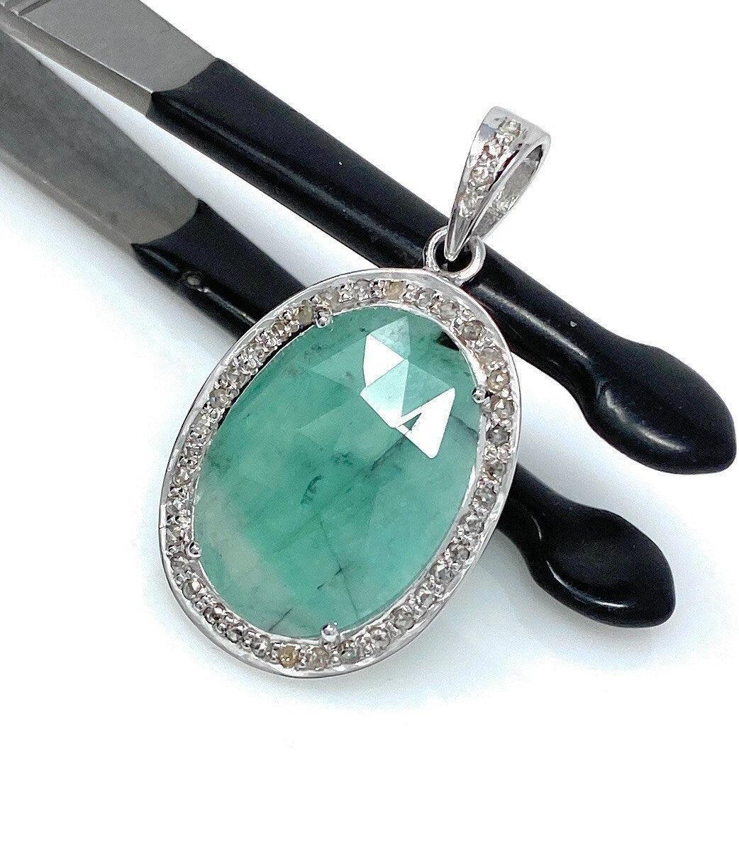 Emerald Diamond Pendant, Natural Emerald Sterling Silver Pendant, May - VirtuousWares:Global