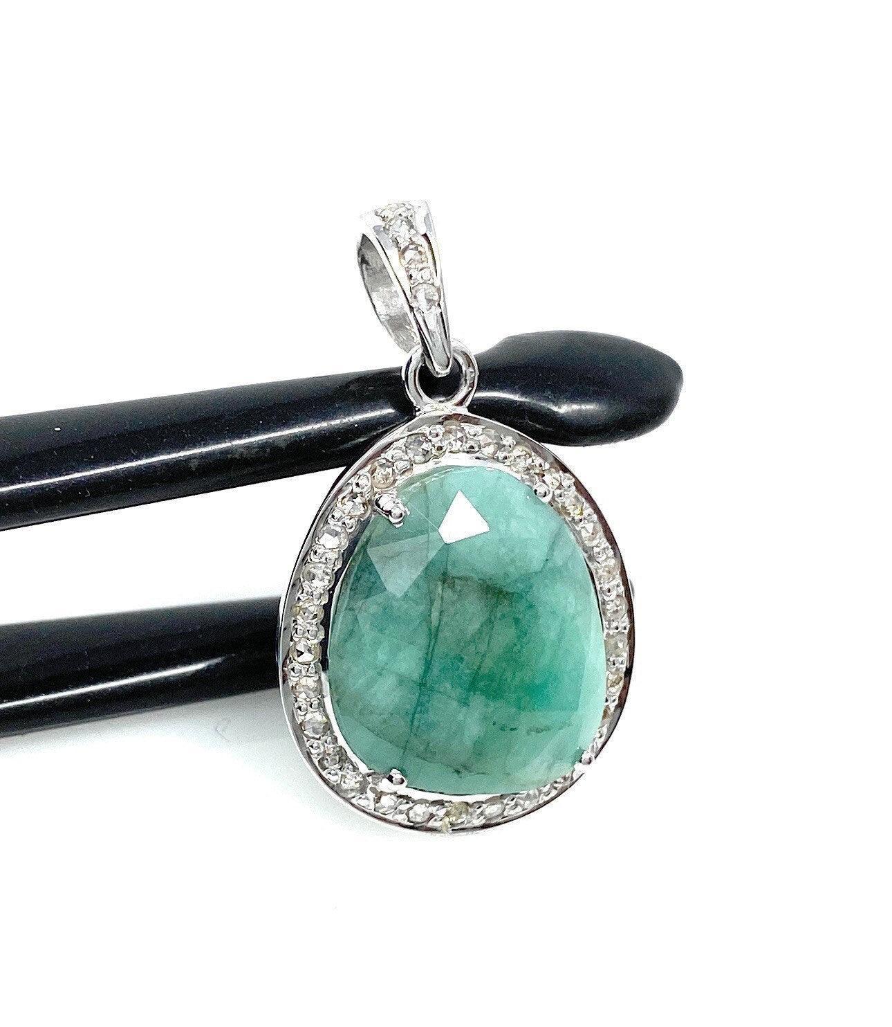 Emerald Diamond Pendant, Natural Emerald Sterling Silver Pendant, May - VirtuousWares:Global