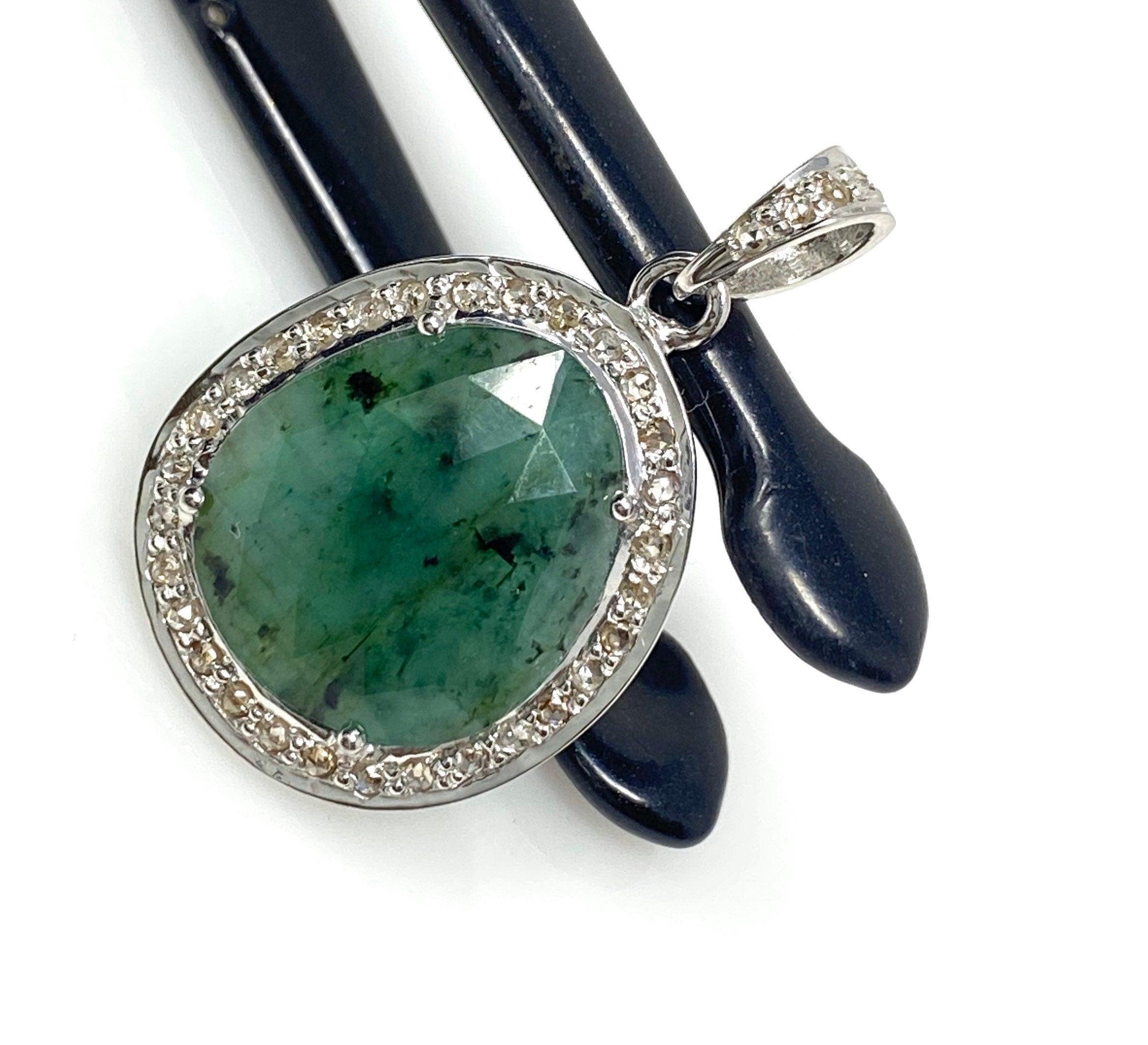 Emerald Diamond Pendant, Natural Emerald Sterling Silver Pendant, May - VirtuousWares:Global
