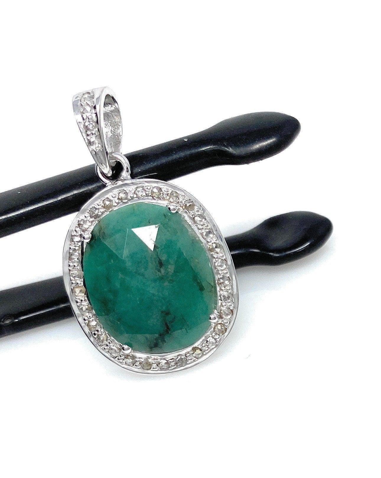 Emerald Diamond Pendant, Natural Emerald Sterling Silver Pendant, May - VirtuousWares:Global