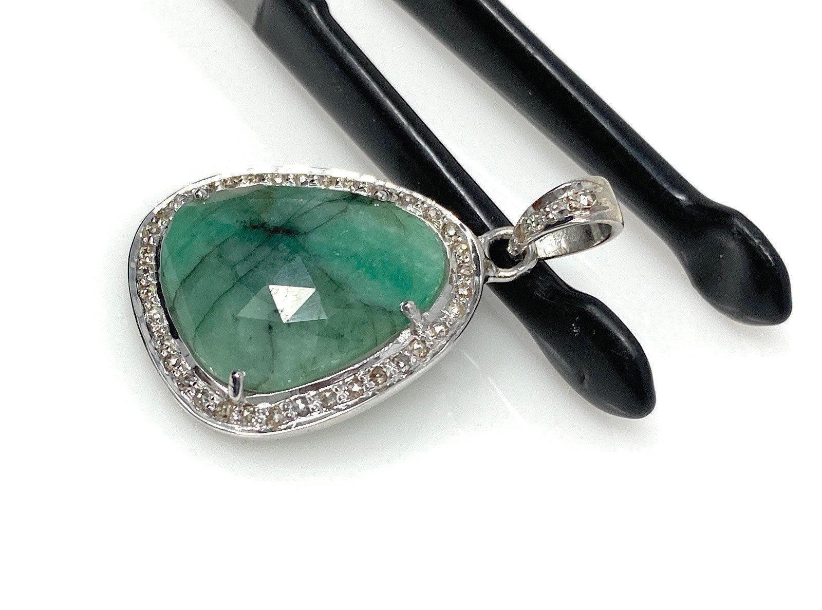 Emerald Diamond Pendant, Natural Emerald Sterling Silver Pendant, May - VirtuousWares:Global