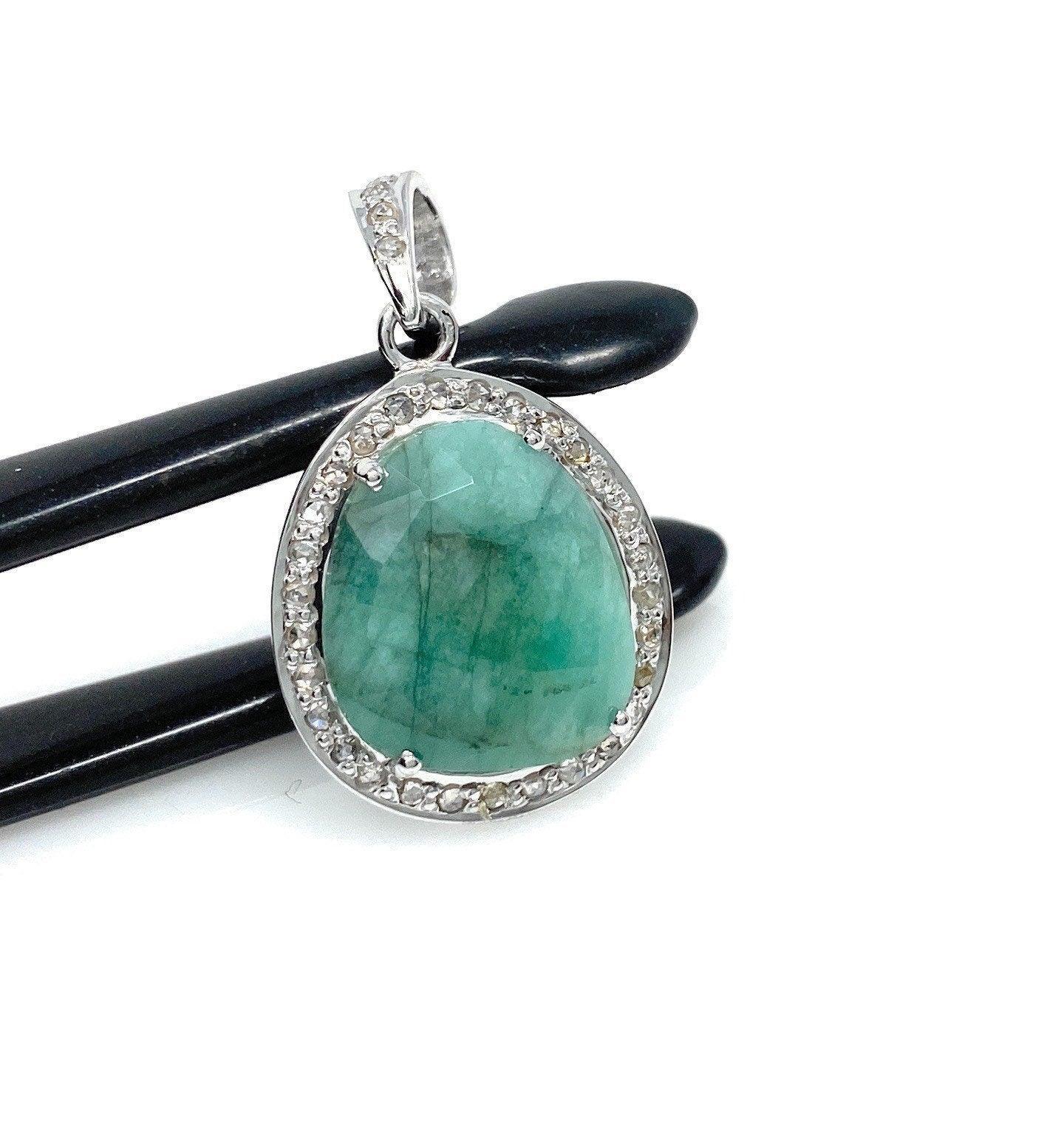 Emerald Diamond Pendant, Natural Emerald Sterling Silver Pendant, May - VirtuousWares:Global