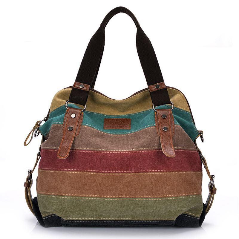 Europe and America Color Contrast Rainbow Stripe Canvas Bag - VirtuousWares:Global