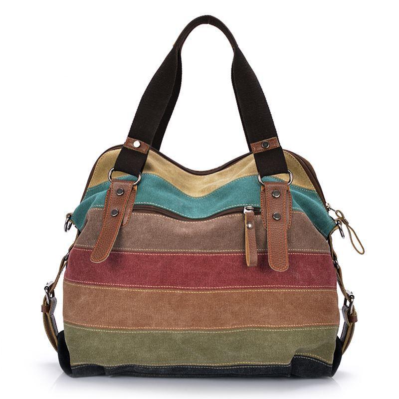 Europe and America Color Contrast Rainbow Stripe Canvas Bag - VirtuousWares:Global