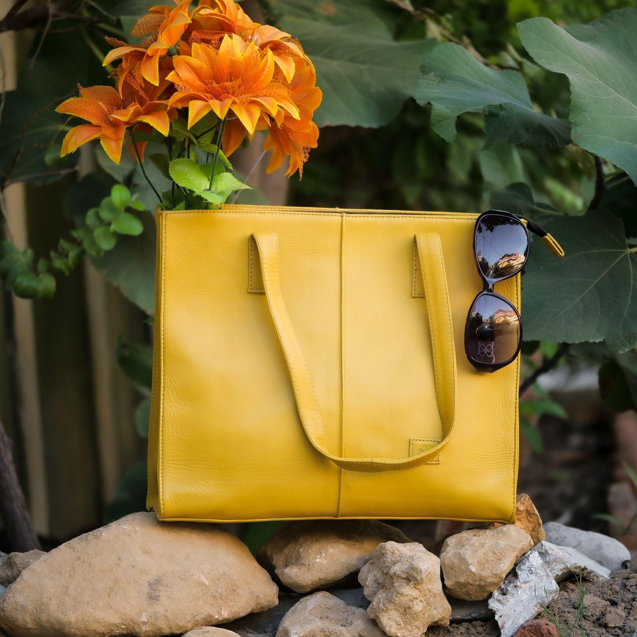 Everyday Women's Leather Zipper Tote Bag-Mustard Yellow - VirtuousWares:Global