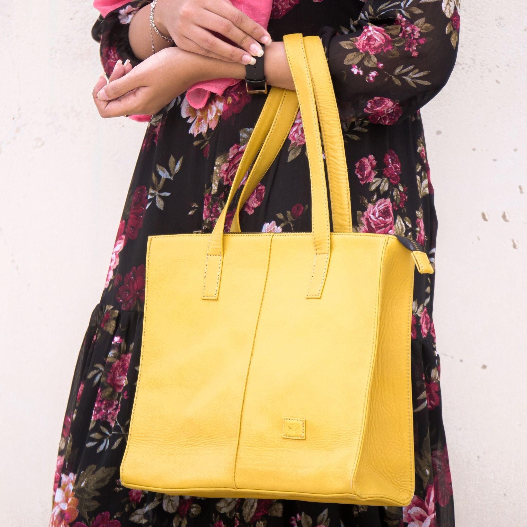 Everyday Women's Leather Zipper Tote Bag-Mustard Yellow - VirtuousWares:Global