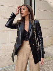 Faux Leather Blazer Jacket Women Vintage Black Long PU Jacket Coat - VirtuousWares:Global