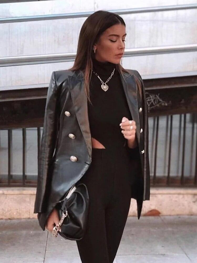 Faux Leather Blazer Jacket Women Vintage Black Long PU Jacket Coat - VirtuousWares:Global