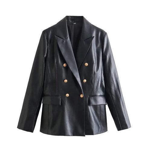 Faux Leather Blazer Jacket Women Vintage Black Long PU Jacket Coat - VirtuousWares:Global