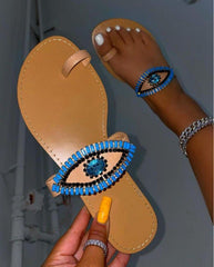 Female Rhinestone Eyes Slides Fashion Round Toe Flat Slippers - VirtuousWares:Global