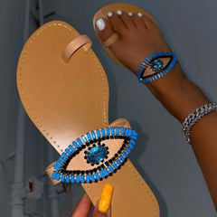 Female Rhinestone Eyes Slides Fashion Round Toe Flat Slippers - VirtuousWares:Global