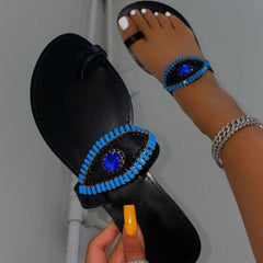 Female Rhinestone Eyes Slides Fashion Round Toe Flat Slippers - VirtuousWares:Global