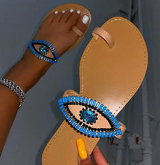 Female Rhinestone Eyes Slides Fashion Round Toe Flat Slippers - VirtuousWares:Global