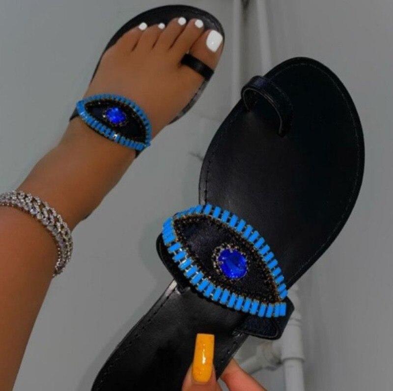 Female Rhinestone Eyes Slides Fashion Round Toe Flat Slippers - VirtuousWares:Global