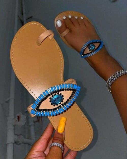 Female Rhinestone Eyes Slides Fashion Round Toe Flat Slippers - VirtuousWares:Global