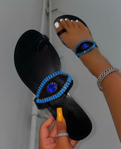 Female Rhinestone Eyes Slides Fashion Round Toe Flat Slippers - VirtuousWares:Global