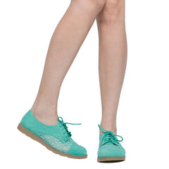 Flat shoes For Women Embroidered Flower Lace Up Oxford Flats Green - VirtuousWares:Global