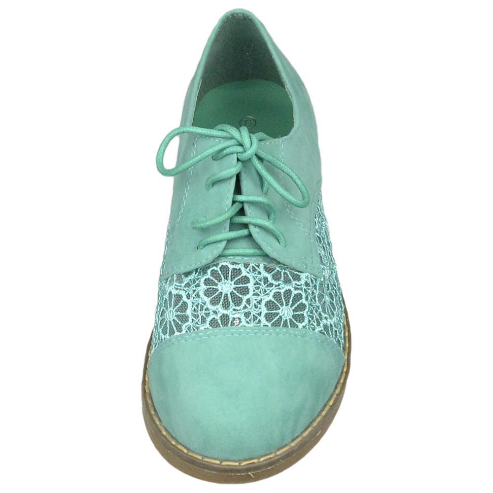 Flat shoes For Women Embroidered Flower Lace Up Oxford Flats Green - VirtuousWares:Global