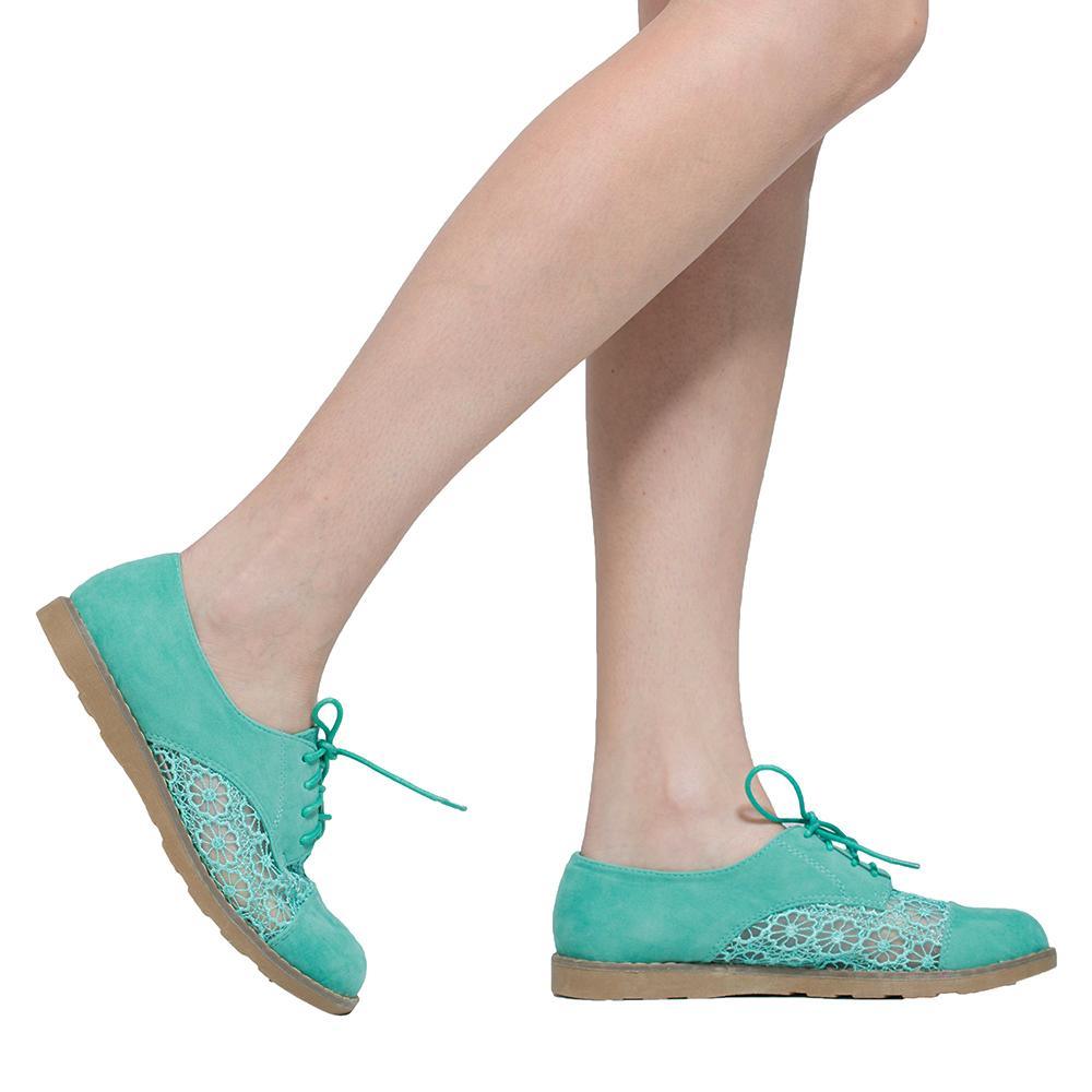 Flat shoes For Women Embroidered Flower Lace Up Oxford Flats Green - VirtuousWares:Global