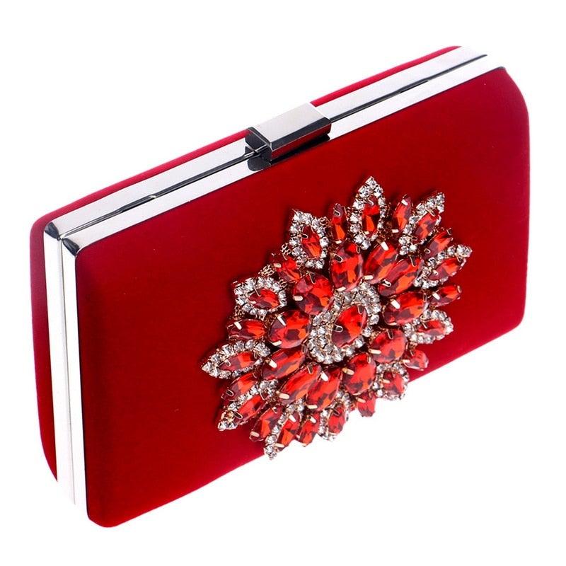 Flower Rhinestones Women Handbags Red Black Purple Gold Chain Shoulder - VirtuousWares:Global