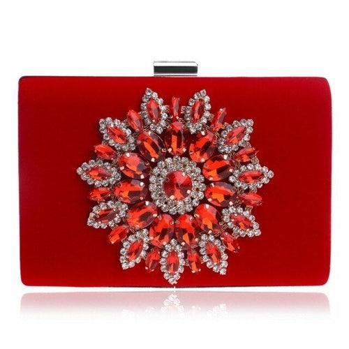 Flower Rhinestones Women Handbags Red Black Purple Gold Chain Shoulder - VirtuousWares:Global