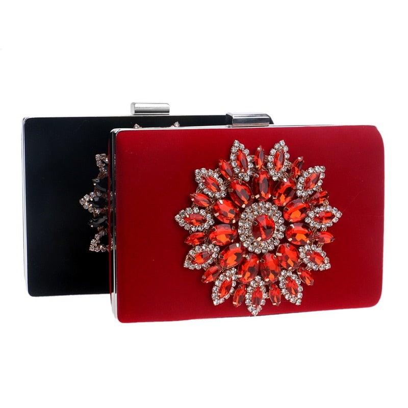 Flower Rhinestones Women Handbags Red Black Purple Gold Chain Shoulder - VirtuousWares:Global