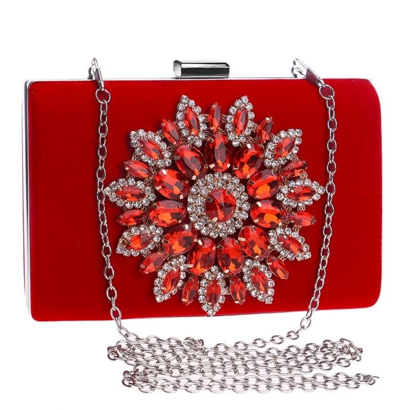 Flower Rhinestones Women Handbags Red Black Purple Gold Chain Shoulder - VirtuousWares:Global