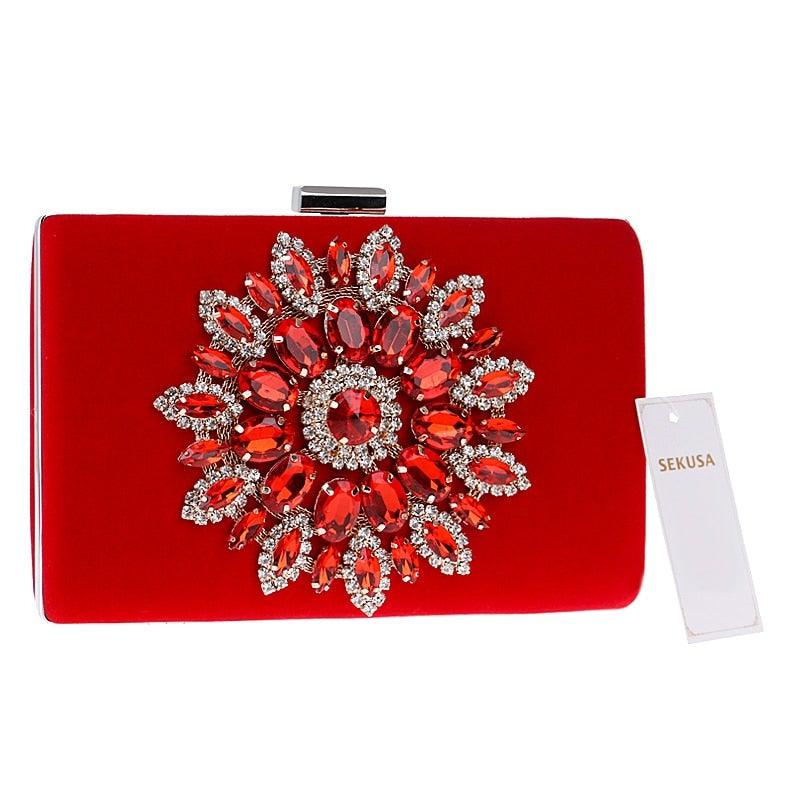 Flower Rhinestones Women Handbags Red Black Purple Gold Chain Shoulder - VirtuousWares:Global