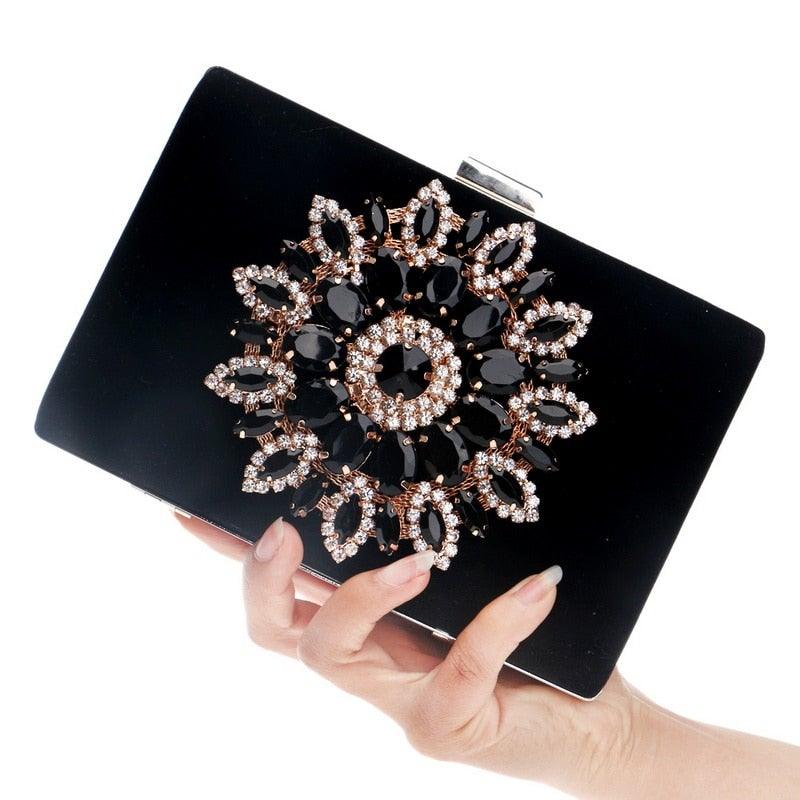 Flower Rhinestones Women Handbags Red Black Purple Gold Chain Shoulder - VirtuousWares:Global