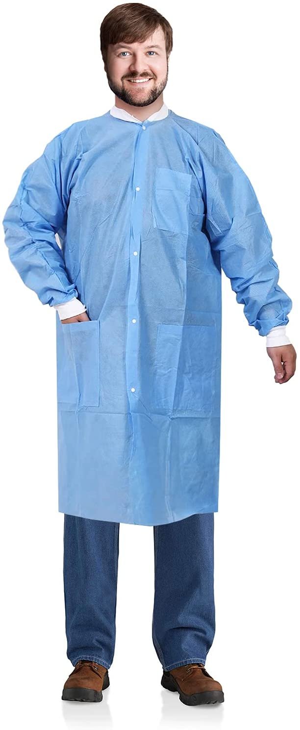 Disposable Lab Coats, 38 Long. Pack of 3 Blue Adult Work Gowns Small.