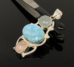 Gemstone Pendant - Larimar, Aquamarine and Morganite , Wire Wrapped - VirtuousWares:Global