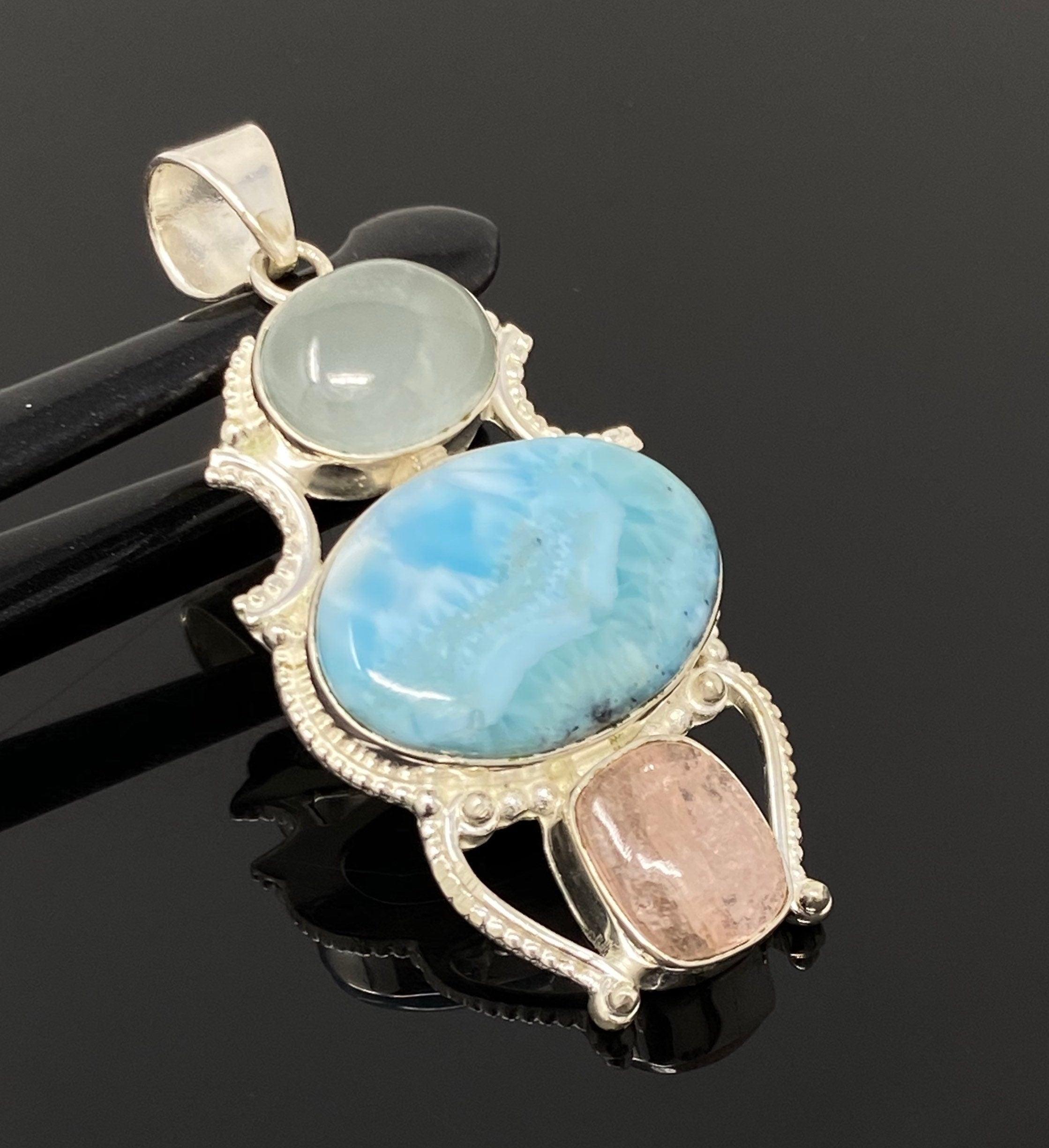 Gemstone Pendant - Larimar, Aquamarine and Morganite , Wire Wrapped - VirtuousWares:Global
