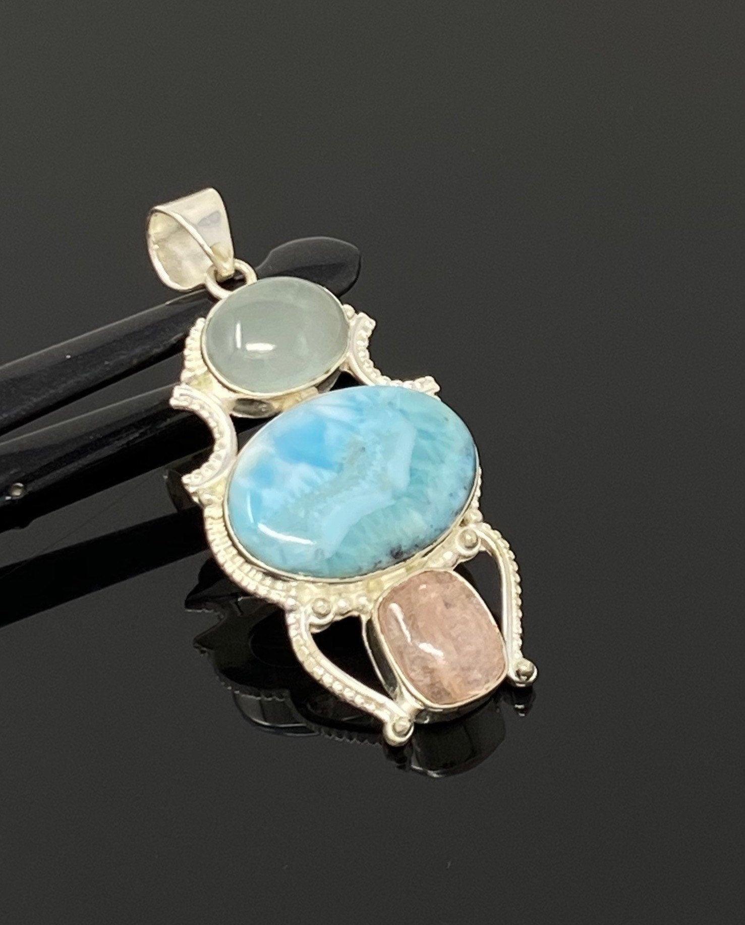 Gemstone Pendant - Larimar, Aquamarine and Morganite , Wire Wrapped - VirtuousWares:Global