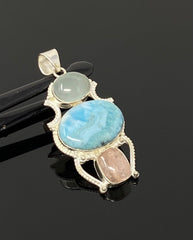 Gemstone Pendant - Larimar, Aquamarine and Morganite , Wire Wrapped - VirtuousWares:Global