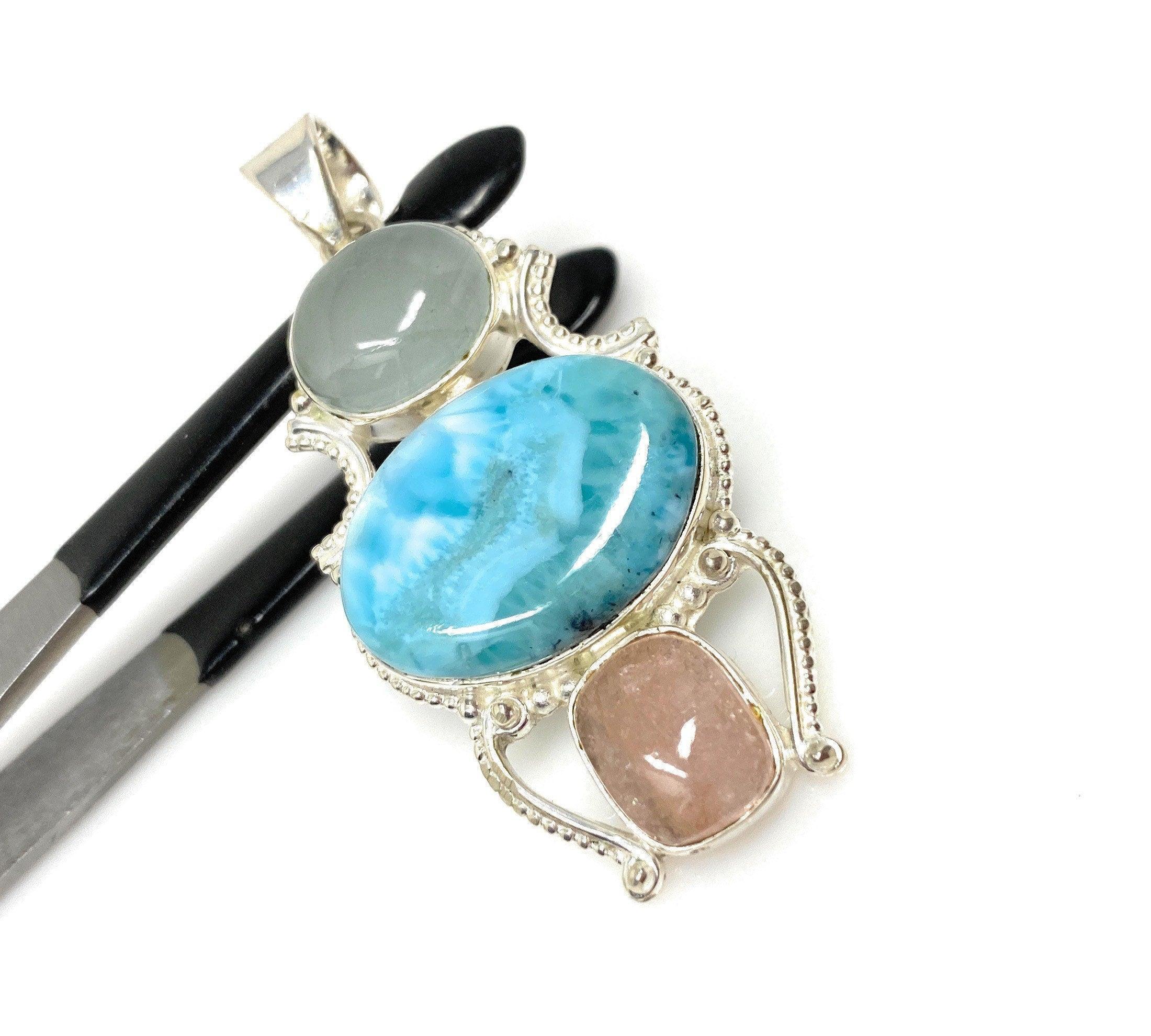Gemstone Pendant - Larimar, Aquamarine and Morganite , Wire Wrapped - VirtuousWares:Global