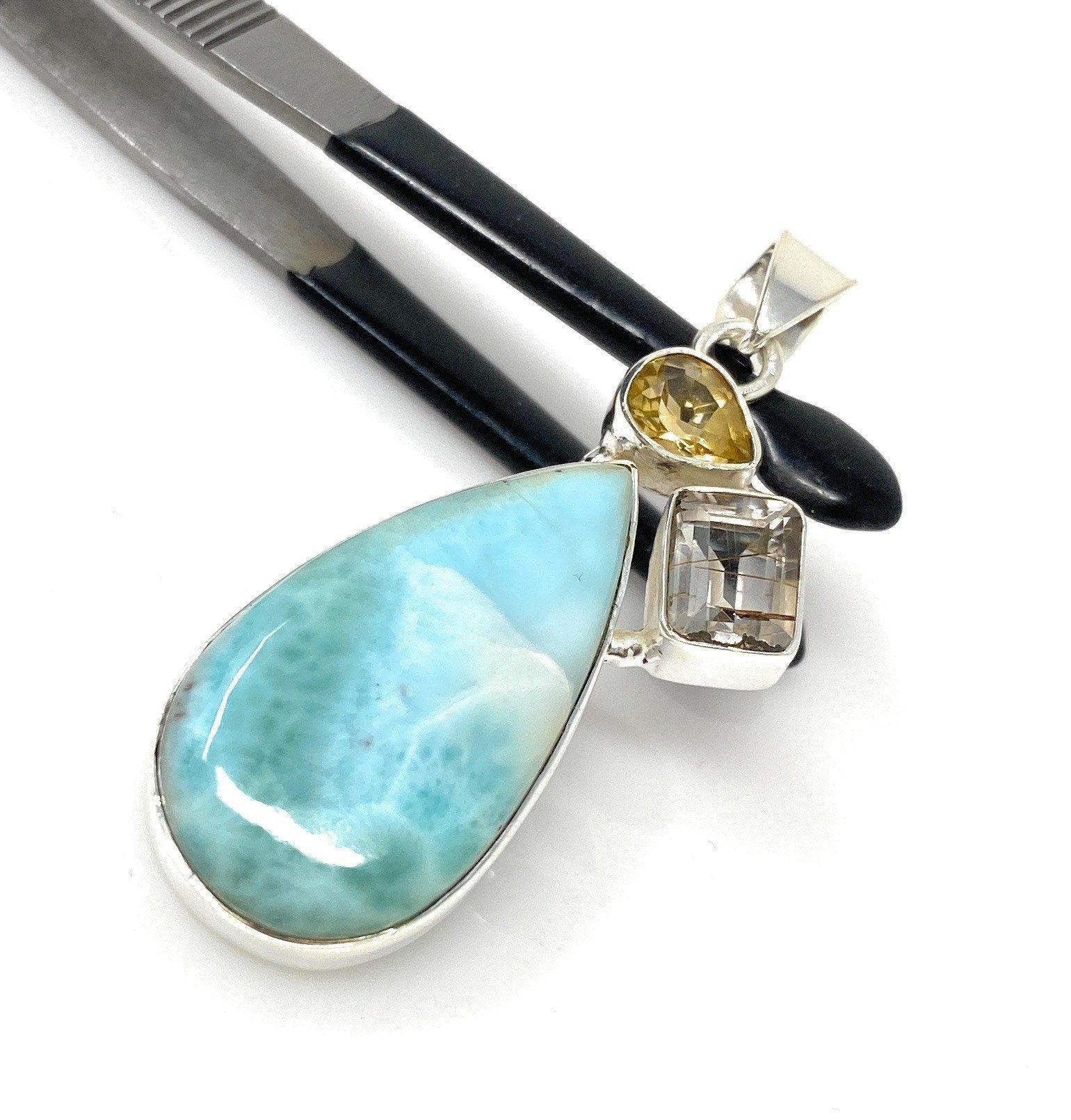 Gemstone Pendant - Larimar, Citrine and Golden Rutile, Bohemian - VirtuousWares:Global