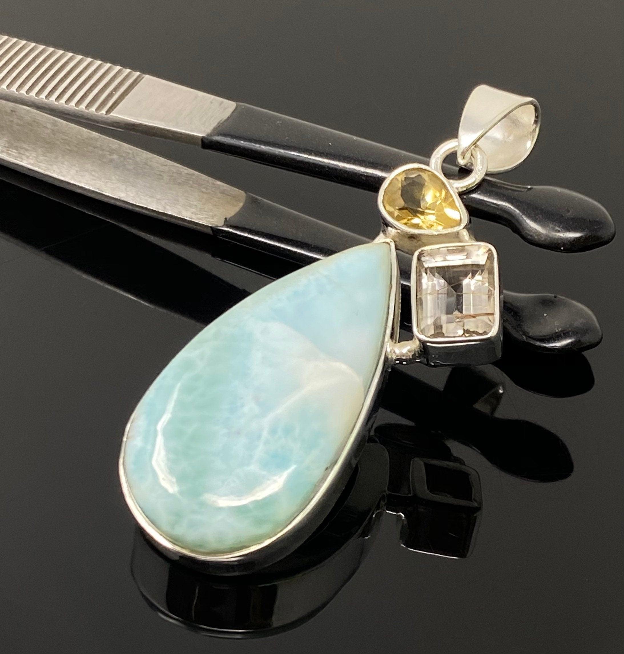 Gemstone Pendant - Larimar, Citrine and Golden Rutile, Bohemian - VirtuousWares:Global