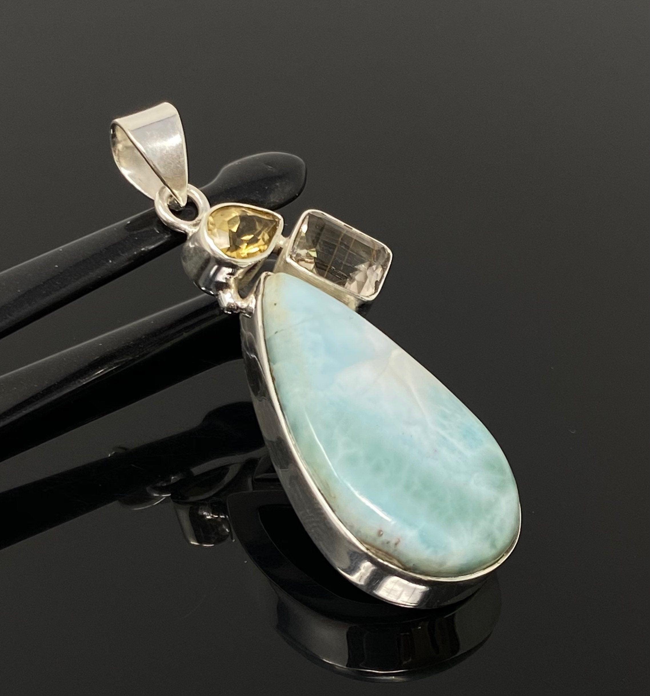 Gemstone Pendant - Larimar, Citrine and Golden Rutile, Bohemian - VirtuousWares:Global