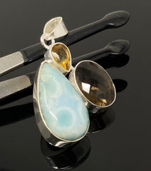 Gemstone Pendant - Larimar, Smokey Quartz and Citrine, Bohemian - VirtuousWares:Global