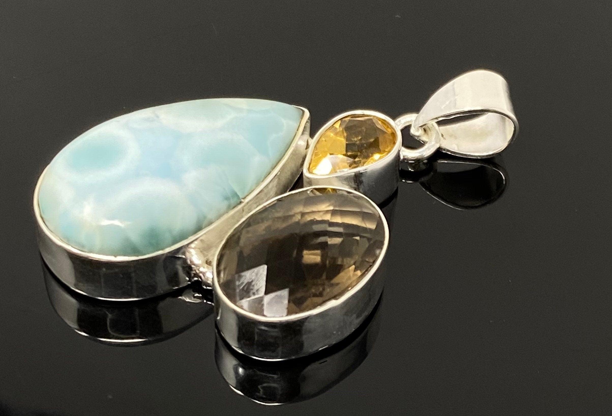Gemstone Pendant - Larimar, Smokey Quartz and Citrine, Bohemian - VirtuousWares:Global