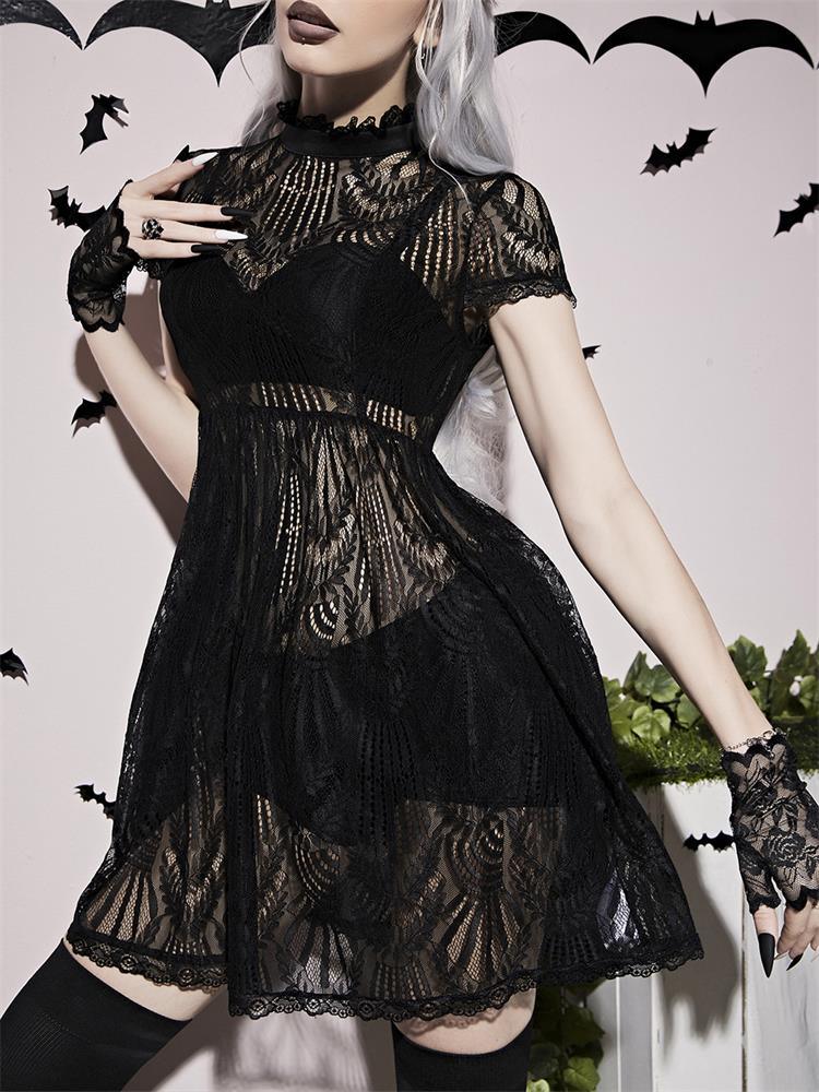 Gothic Mock Neck Lace Dress Halloween Costume Without Gloves - VirtuousWares:Global