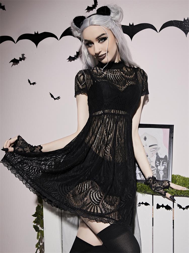 Gothic Mock Neck Lace Dress Halloween Costume Without Gloves - VirtuousWares:Global