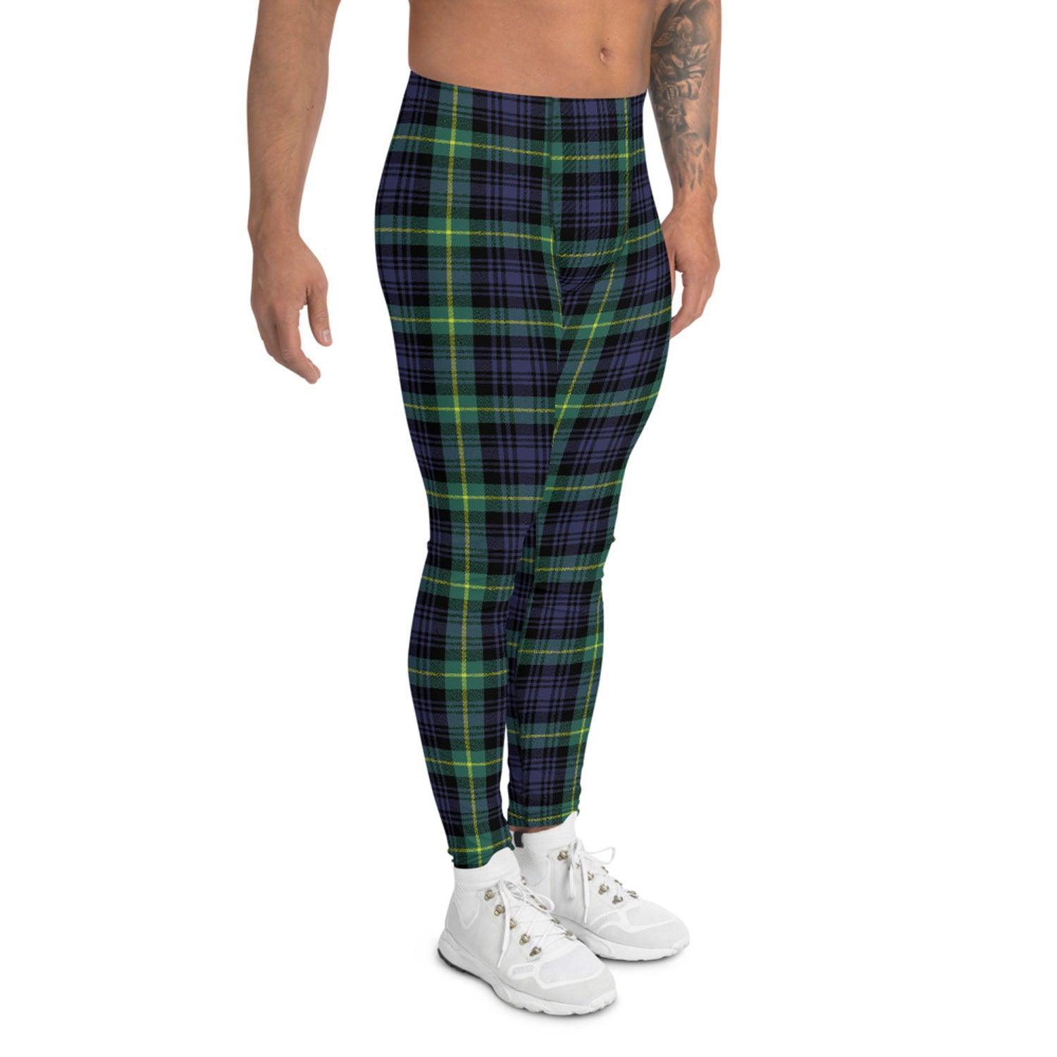 Green and Blue Plaid Tartan Leggings for Men - VirtuousWares:Global