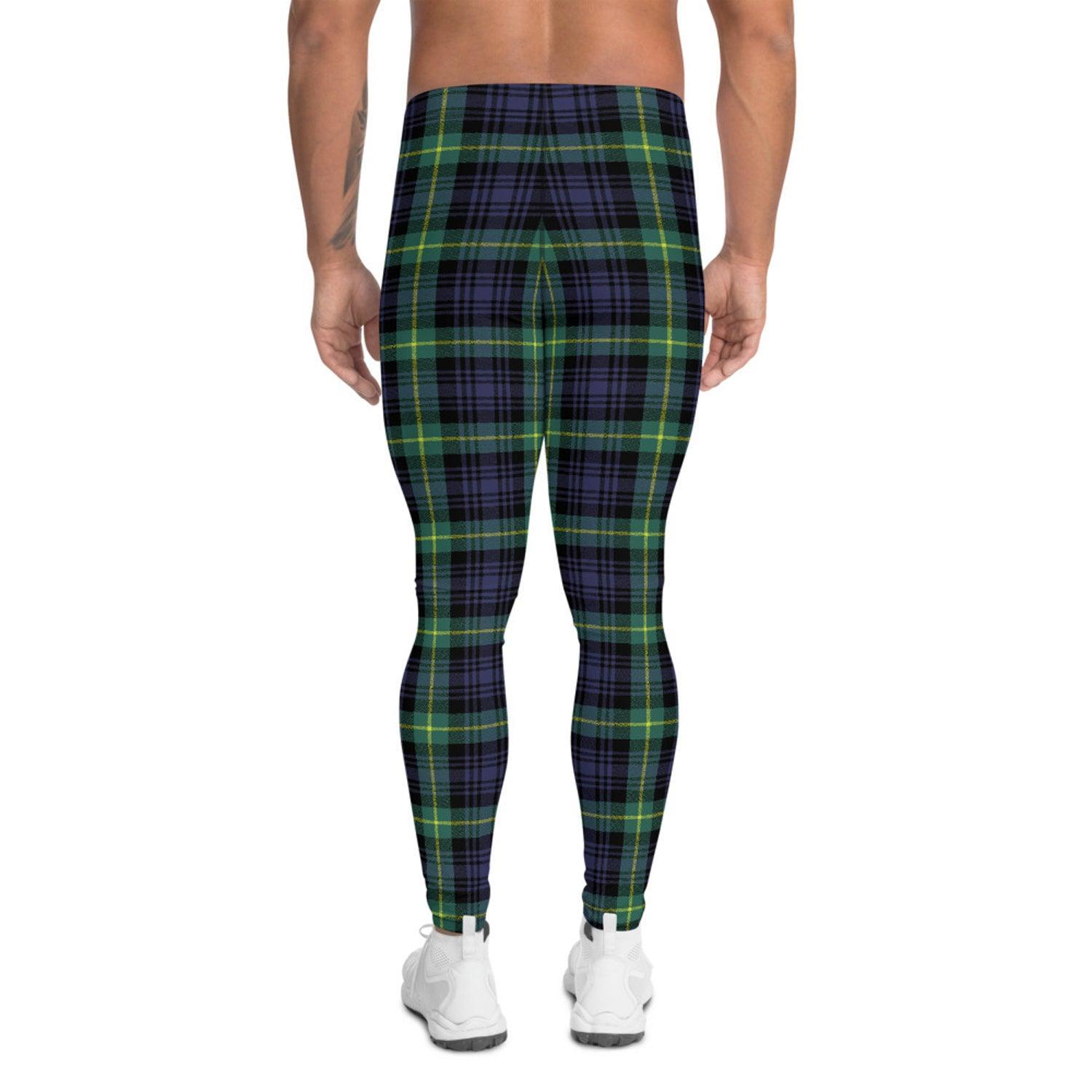 Green and Blue Plaid Tartan Leggings for Men - VirtuousWares:Global