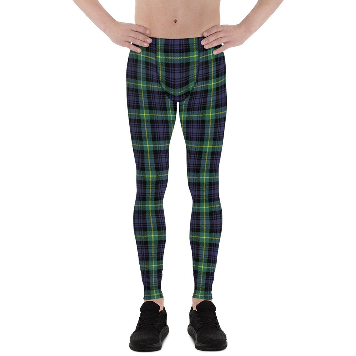 Green and Blue Plaid Tartan Leggings for Men - VirtuousWares:Global