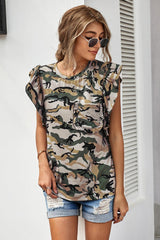 Green Camouflage Print Ruffled Cap Sleeve T-shirt For Women - VirtuousWares:Global