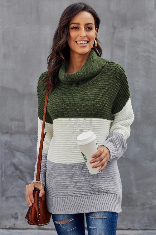 Green Gray Color Block Turtleneck Pullover Sweater - VirtuousWares:Global